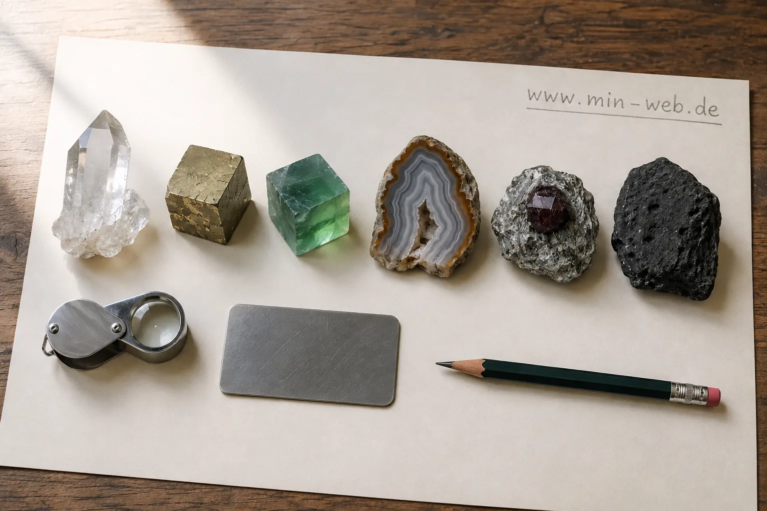 Sechs Mineral- und Gesteinsstücke nebeneinander auf einem Bogen Papier, darunter eine Einschlaglupe, eine Streichplatte und ein Bleistift